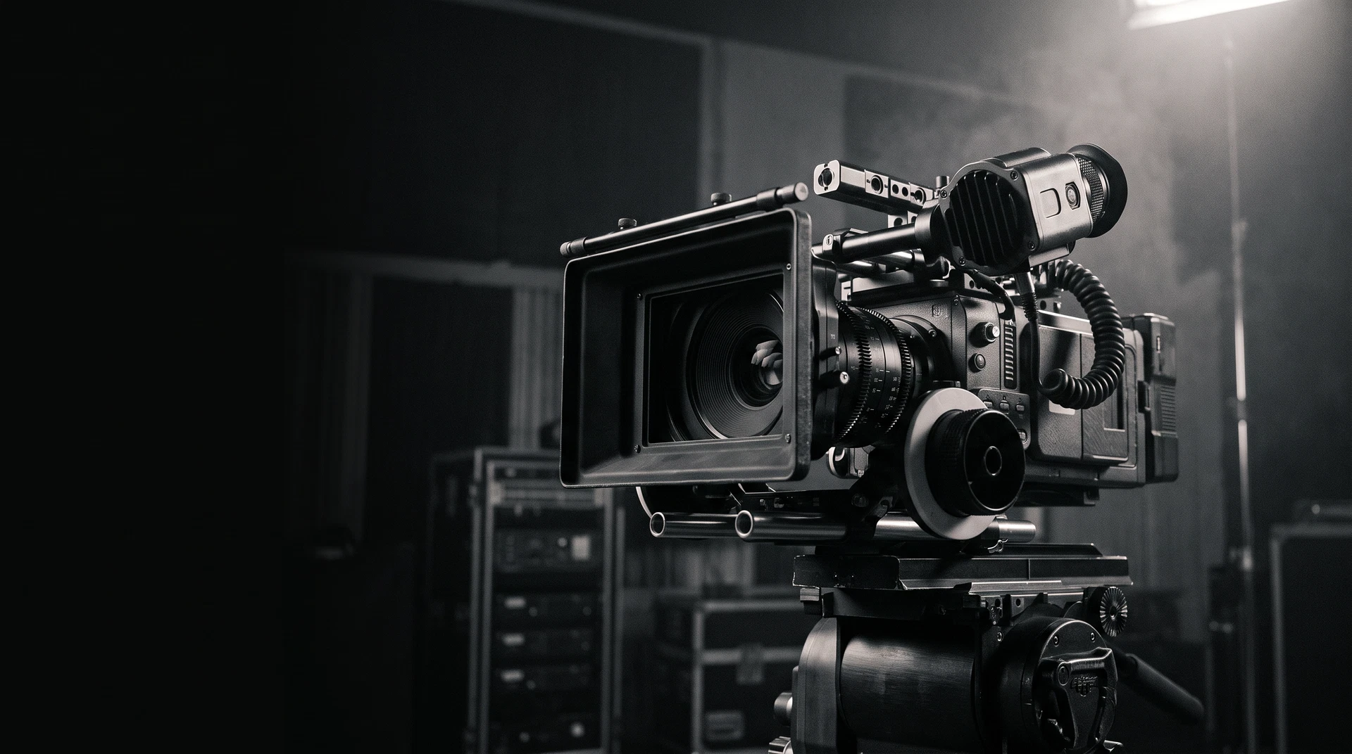 Cinema camera rig in a dark production studio